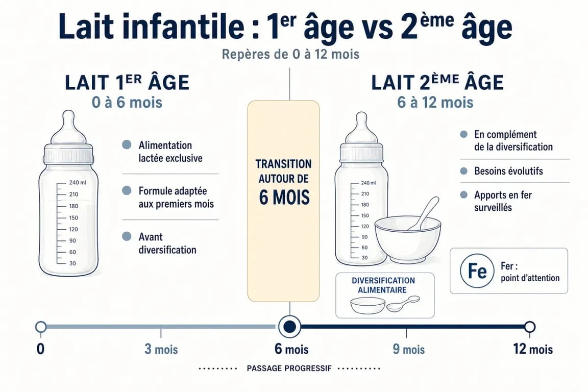 Différence lait 1er et 2eme age illustrée par une comparaison visuelle des âges, du fer et de la diversification alimentaire