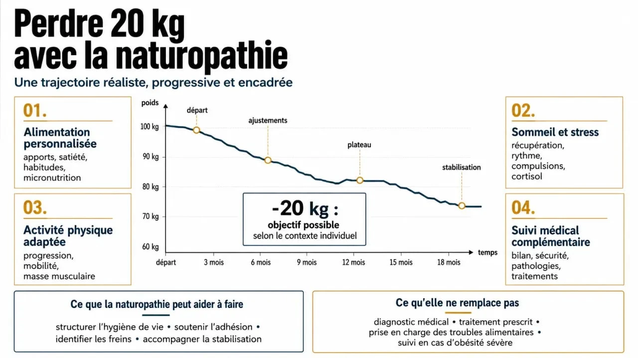 Perdre 20 kg avec la naturopathie : schéma éditorial des leviers, limites et suivi complémentaire