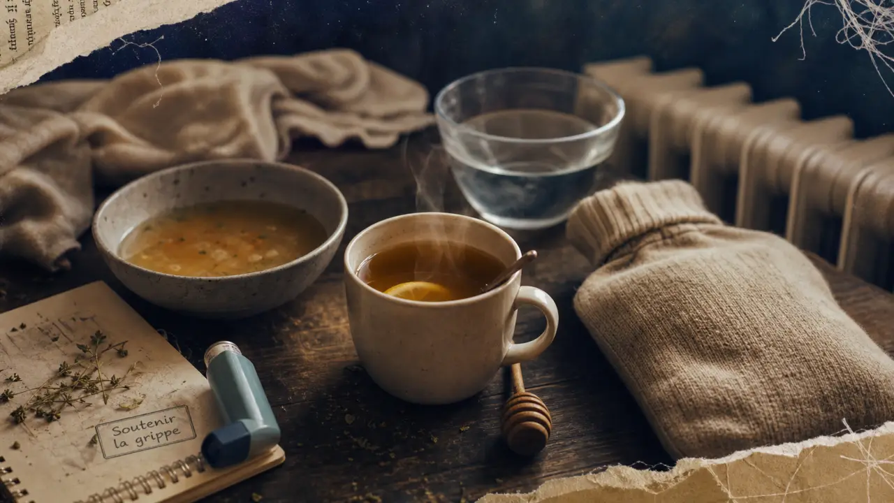 Grippe remèdes naturels : tisane tiède, miel et bouillotte