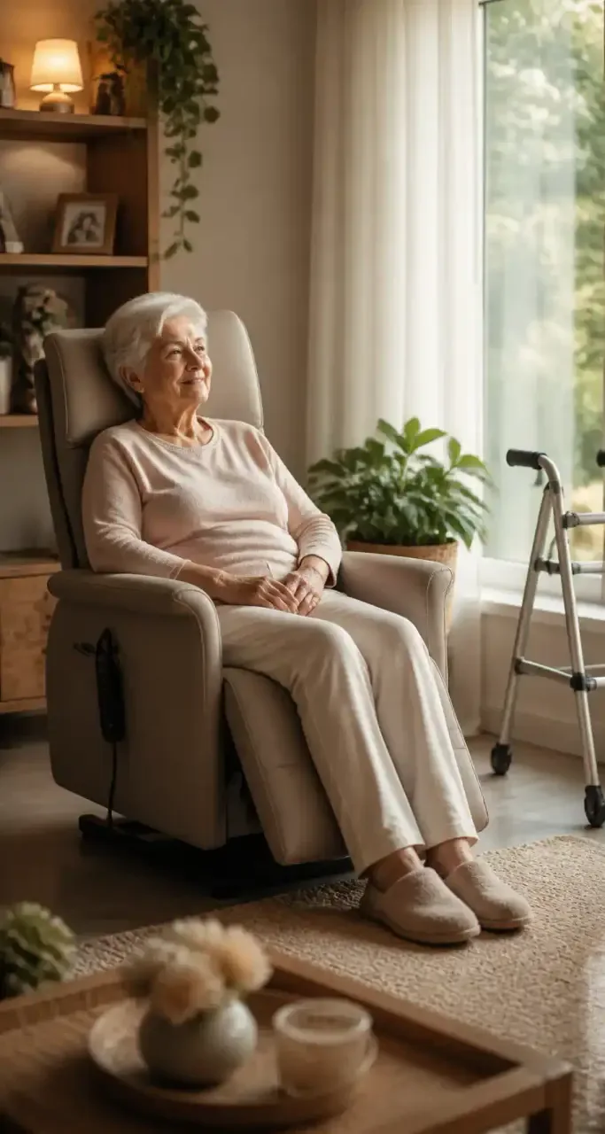 Femme âgée installée dans un fauteuil de salon lumineux, chez elle