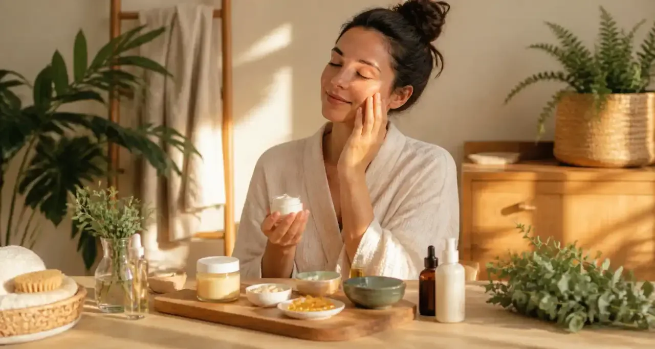 Routine de soin du matin avec crèmes, huiles et plantes sur une table en bois