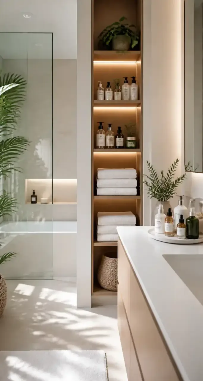 Salle de bain claire avec des flacons de soin rangés sur une étagère en bois