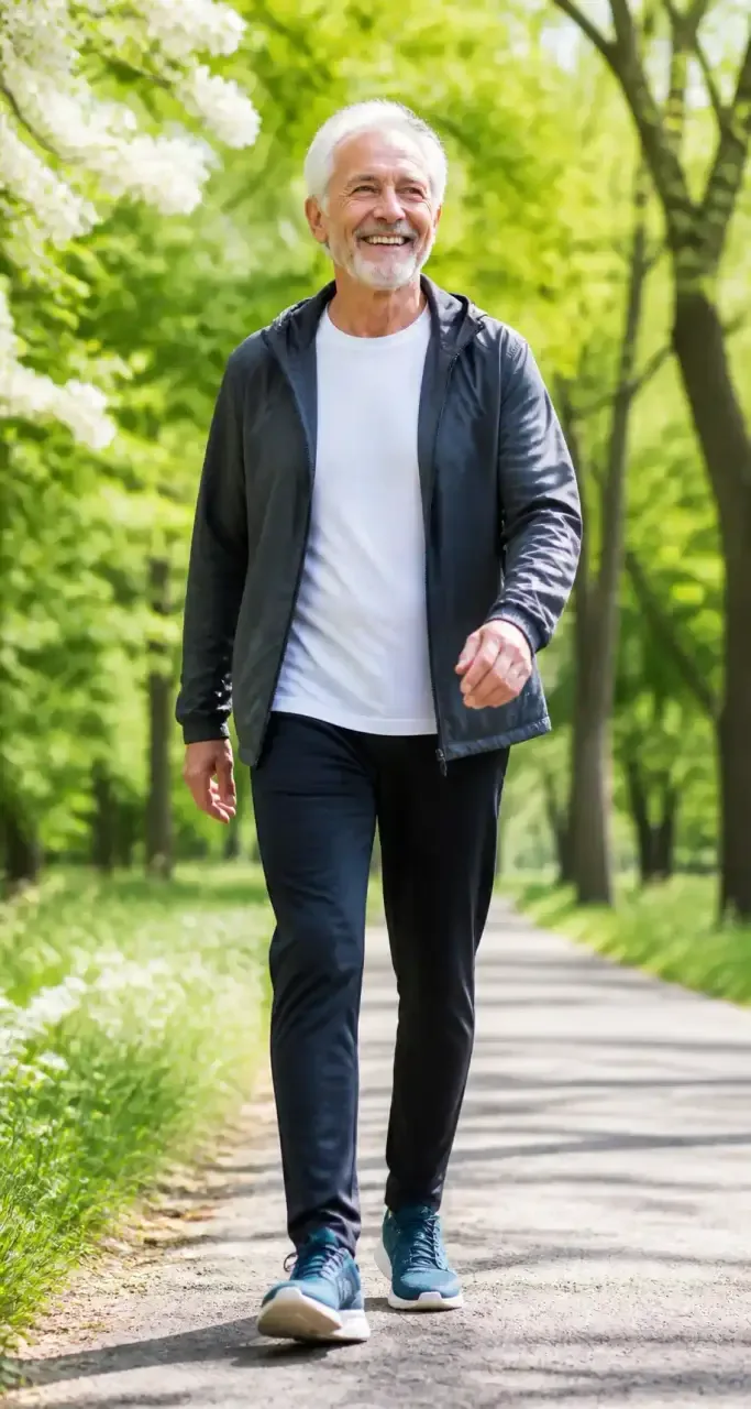 Homme senior souriant marchant sur un chemin bordé d'arbres au printemps