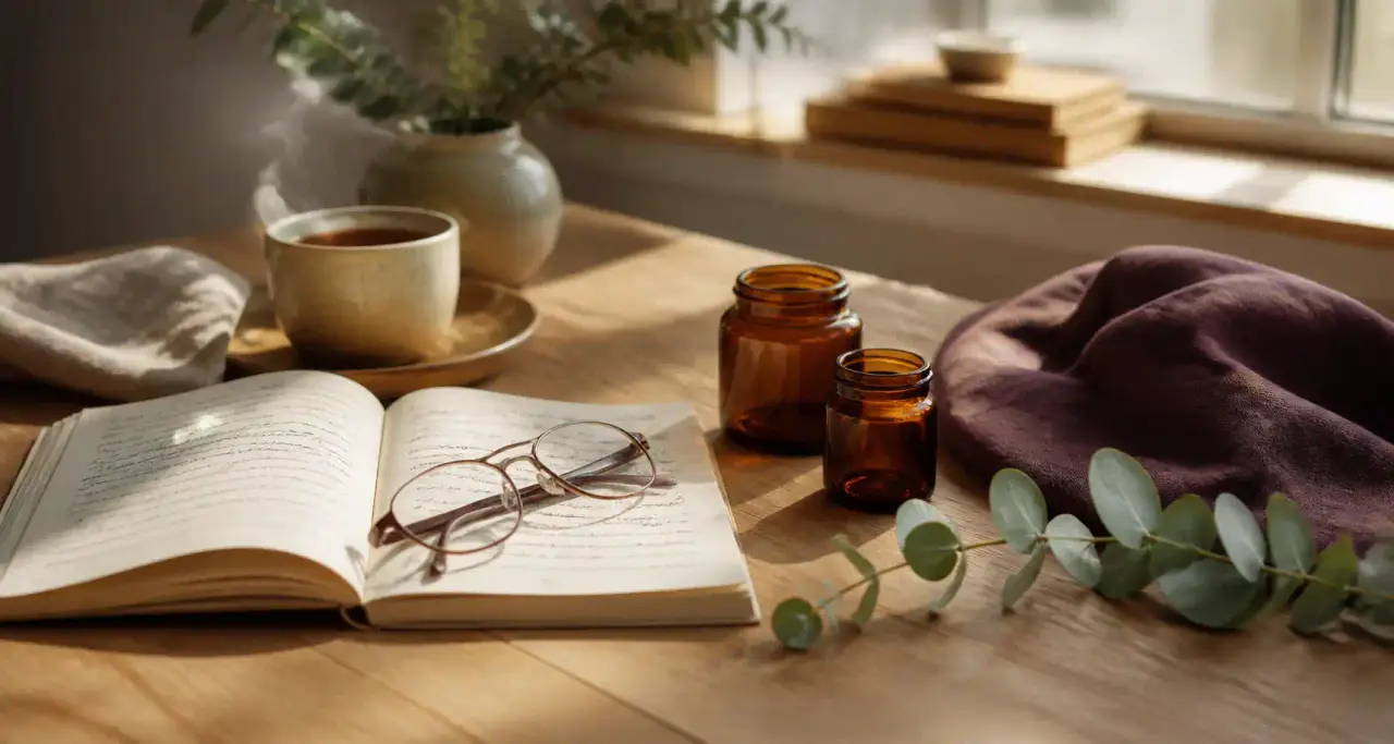 Carnet de notes ouvert, lunettes de lecture et tasse de tisane sur une table en bois, ambiance de coin lecture