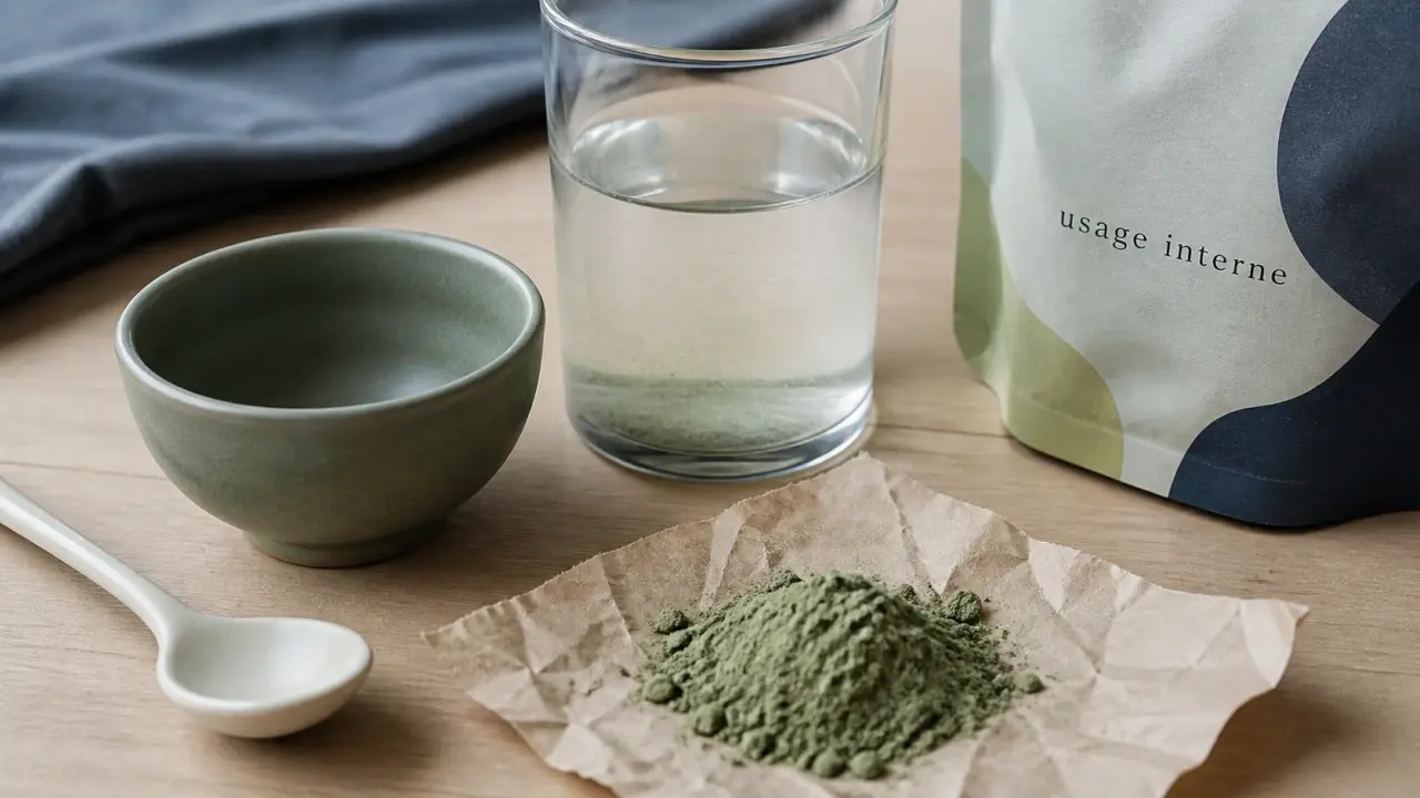 Boire argile verte : poudre verte, verre d’eau et cuillère non métallique