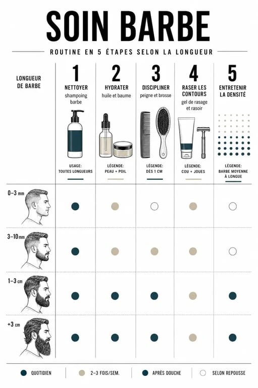 Soin barbe : routine en 5 étapes avec huile, baume, shampoing et outils de coiffage
