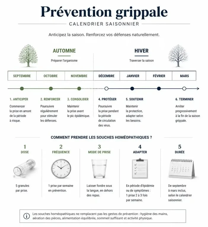 Calendrier saisonnier de prévention grippe homéopathie : protocole Influenzinum et Oscillococcinum