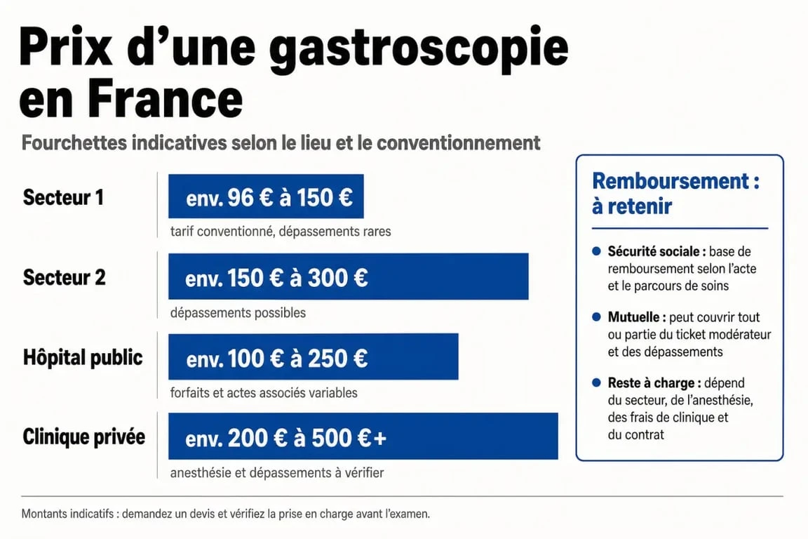 Gastroscopie prix : infographie sur les tarifs, le remboursement et le reste à charge