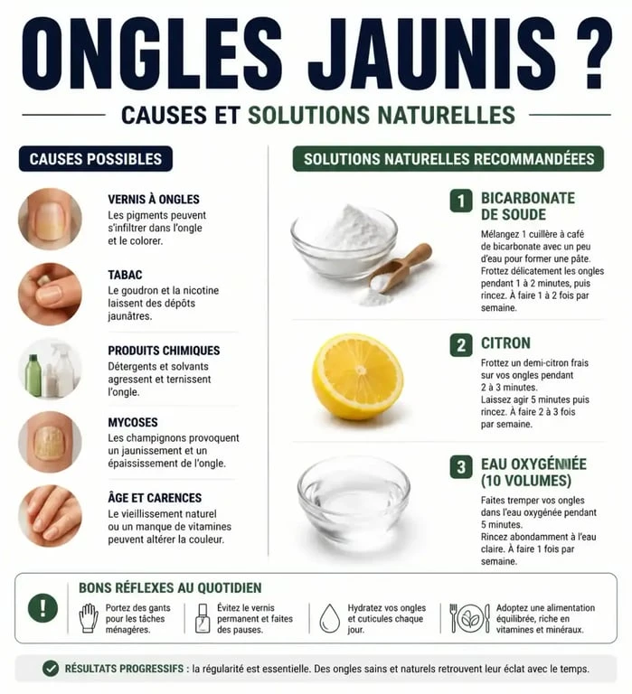 Infographie sur les méthodes naturelles pour blanchir les ongles jaunis et prévenir le jaunissement.