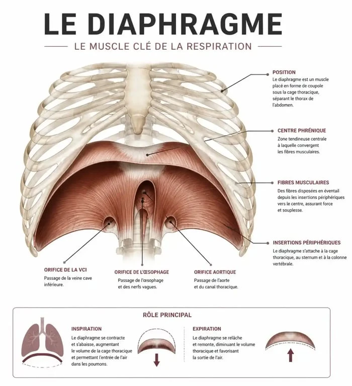 Schéma anatomique du diaphragme pour comprendre ses bienfaits sur la respiration