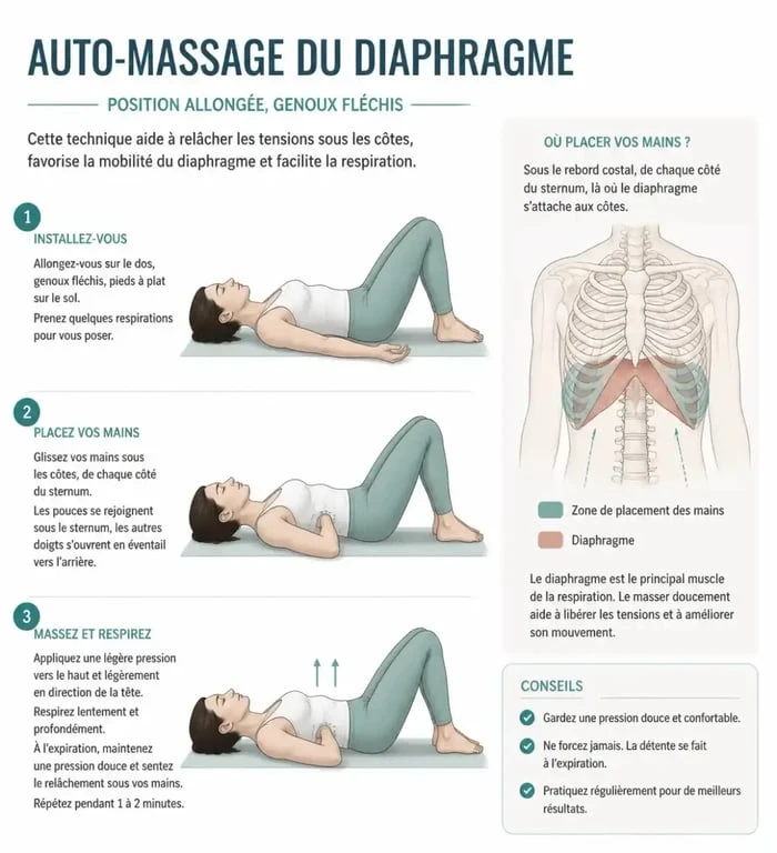 Position pour réaliser un massage du diaphragme et obtenir ses bienfaits