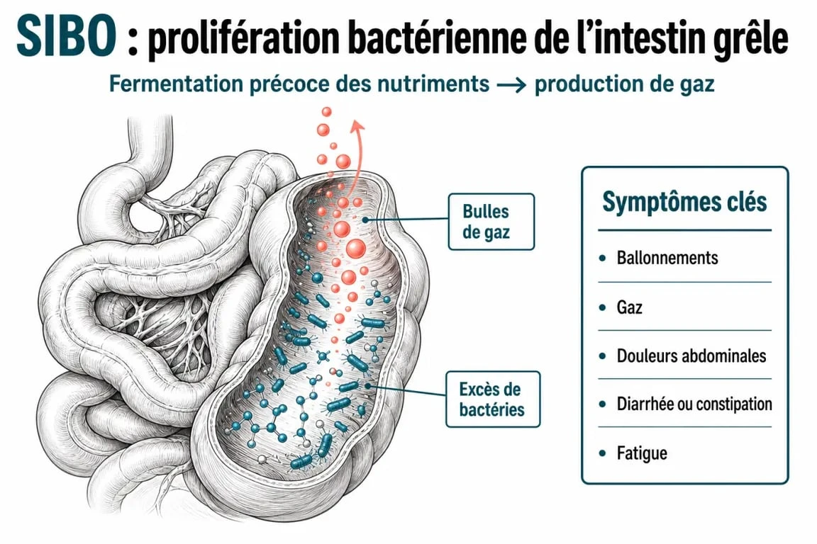 Sibo symptomes traitement : schéma médical du mécanisme, des symptômes, du diagnostic et du traitement