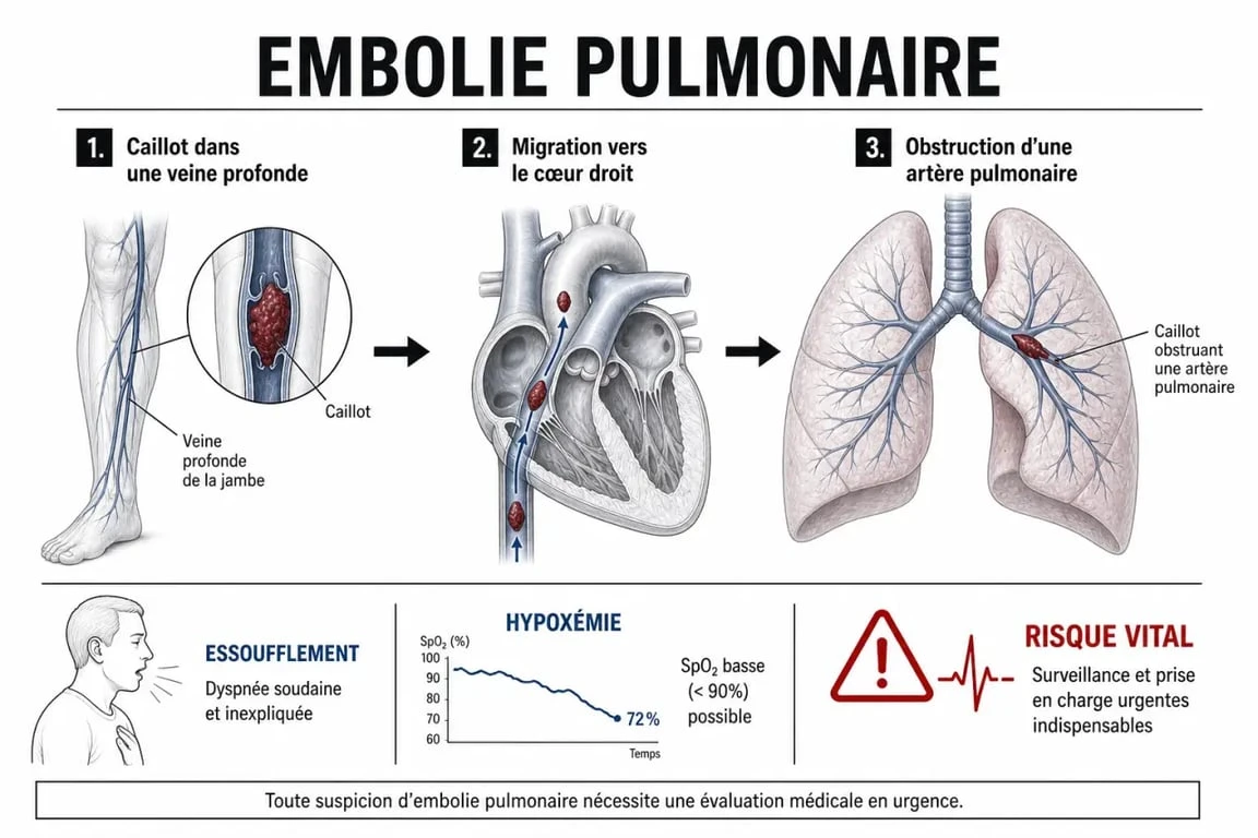 Schéma de l’embolie pulmonaire risques montrant le trajet d’un caillot de la jambe vers les poumons