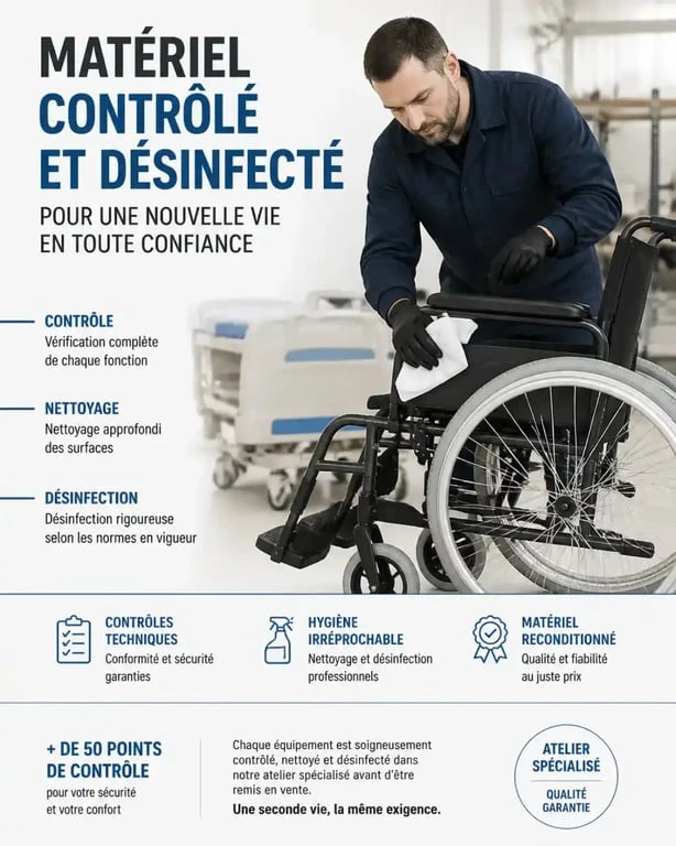 Matériel médical occasion : contrôle et désinfection d’un fauteuil roulant par un technicien spécialisé