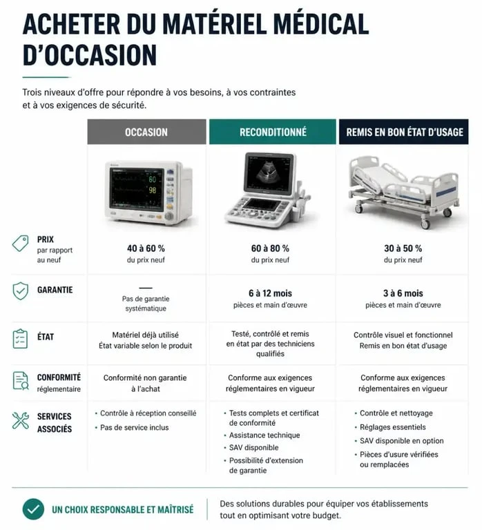 Matériel médical occasion : comparaison visuelle entre occasion, reconditionné et remis en bon état d’usage