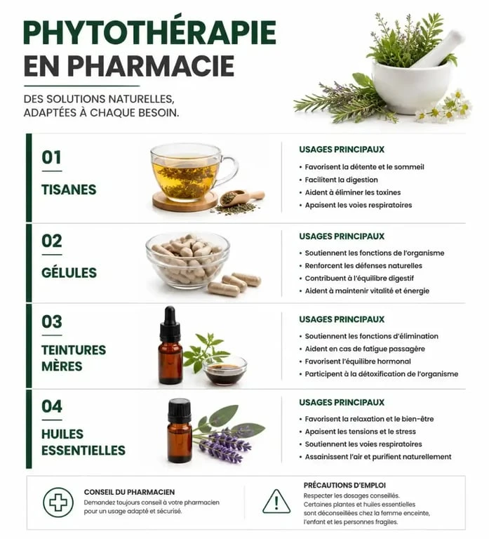 Infographie comparative des formes de phytothérapie en pharmacie et leurs usages