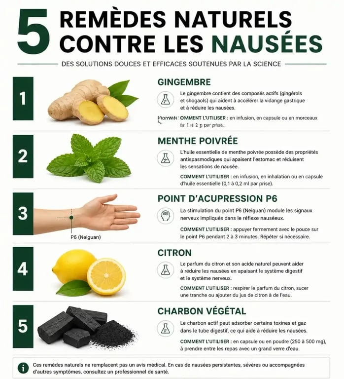 Infographie des remèdes naturels contre les nausées : gingembre, menthe poivrée, acupression, citron et charbon
