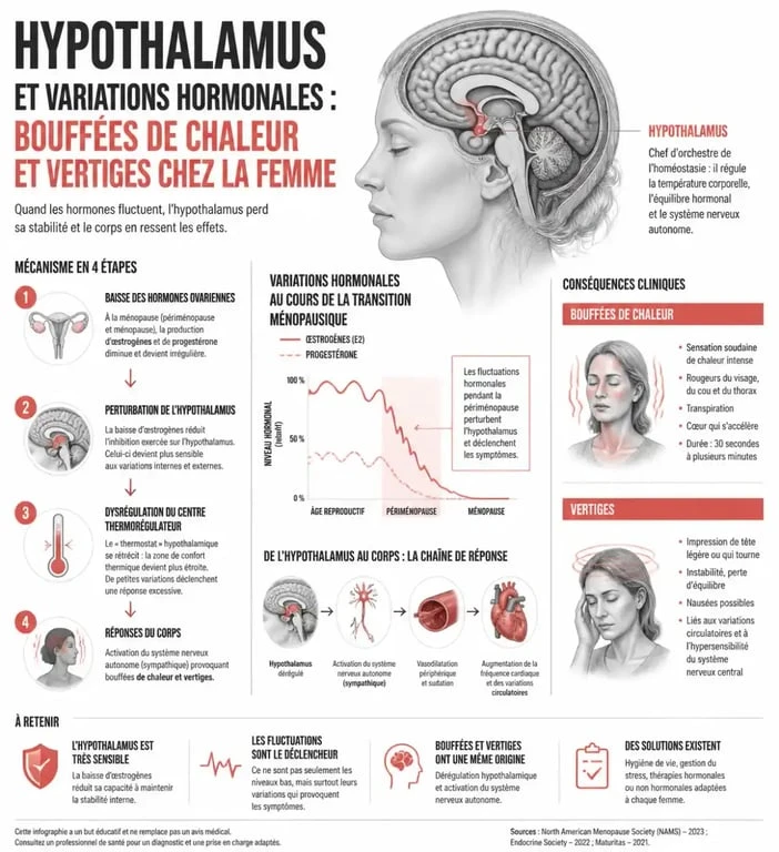 Schéma explicatif des causes hormonales de la nausée, vertige, fatigue et bouffée de chaleur chez la femme