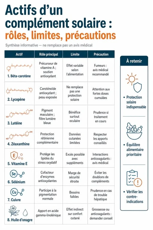 Complément alimentaire solaire : tableau comparatif des actifs clés, de leurs rôles et précautions