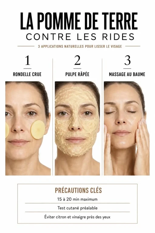 Pomme de terre visage rides : illustration des usages en rondelle, masque et baume avec précautions