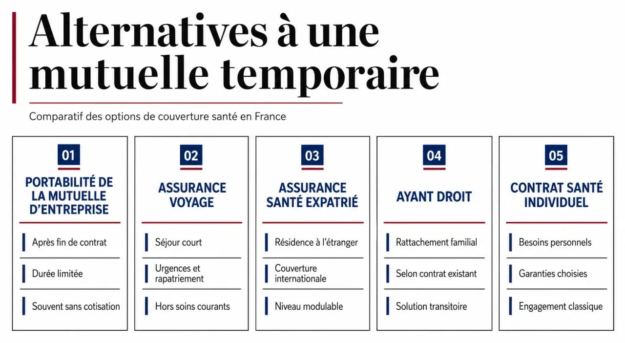 Mutuelle temporaire : schéma comparatif des alternatives de couverture santé de courte durée en France