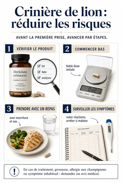 Champignon criniere de lion danger : étapes pour réduire les risques, choisir un produit sûr et surveiller la tolérance