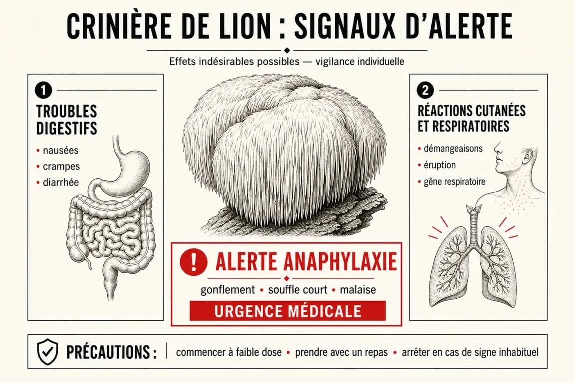 Champignon criniere de lion danger : signes d’allergie, troubles digestifs et précautions avant consommation
