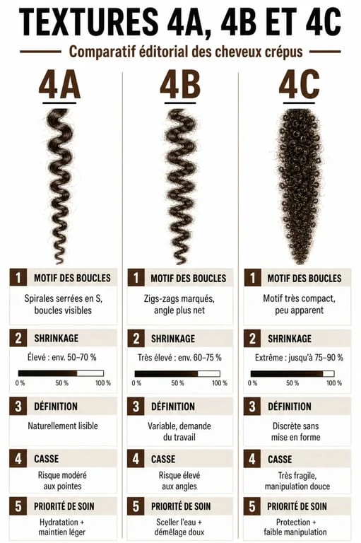 Les cheveux crépus : comparaison des types 4A 4B et 4C