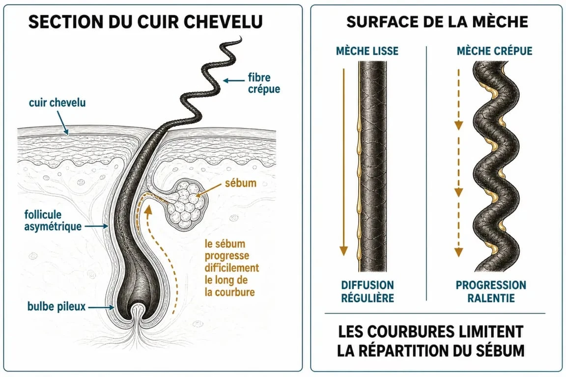 Les cheveux crépus : schéma du follicule pileux, de la fibre capillaire et de la circulation du sébum