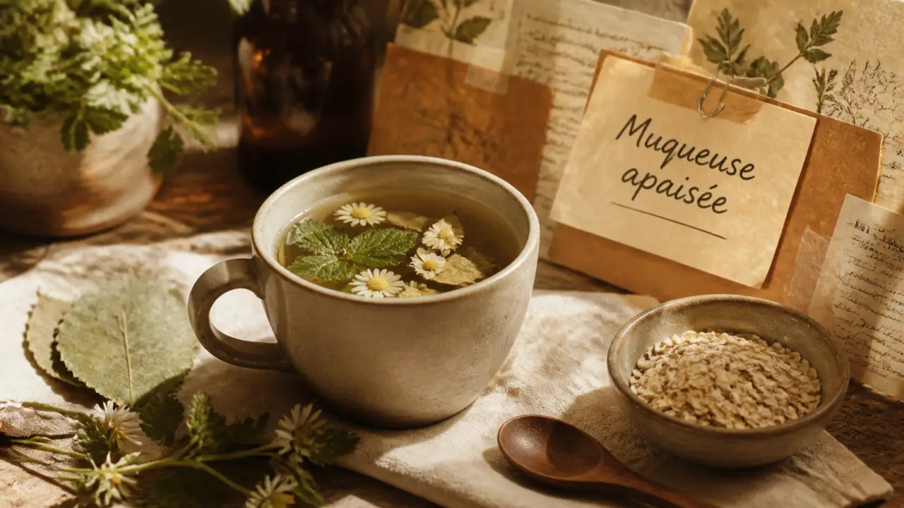Gastrite remèdes naturels : infusion camomille, mélisse et guimauve apaisant l’estomac