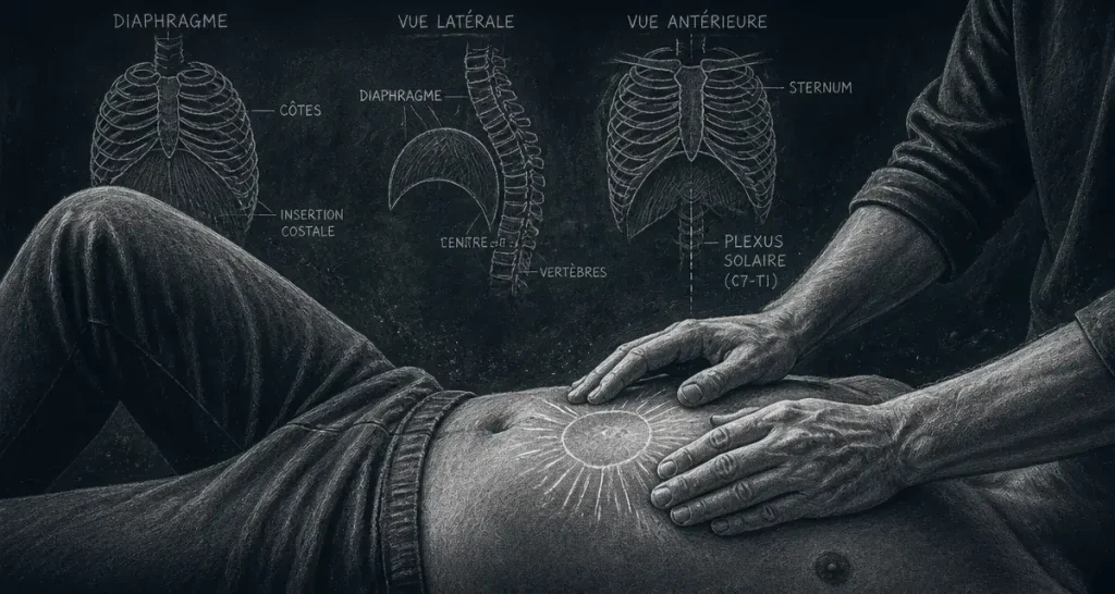 Massage diaphragme bienfaits : mains massant la zone sous-costale