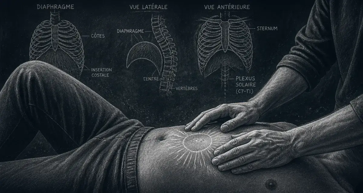 Massage diaphragme bienfaits : mains massant la zone sous-costale