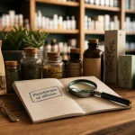 Phytothérapie en pharmacie : flacons de plantes et tisane au comptoir de pharmacie