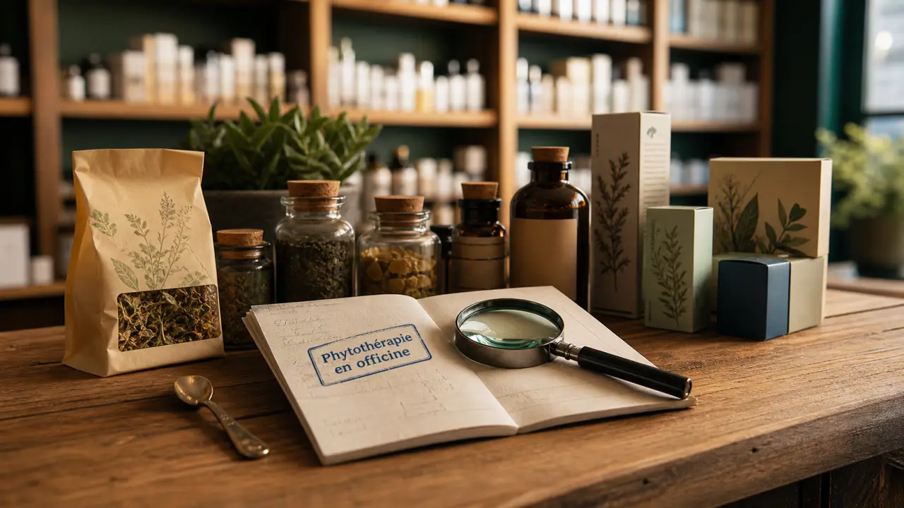 Phytothérapie en pharmacie : flacons de plantes et tisane au comptoir de pharmacie