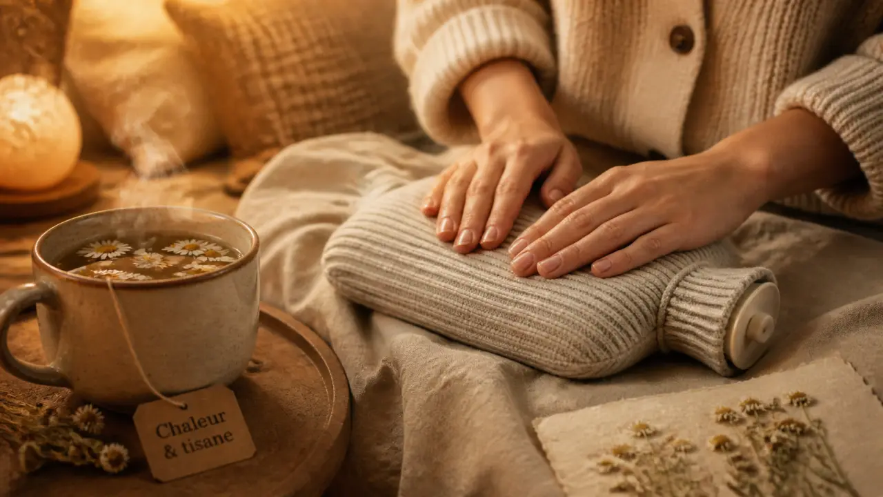 Règles douloureuses remèdes naturels : bouillotte tiède et tisane camomille pour calmer les crampes