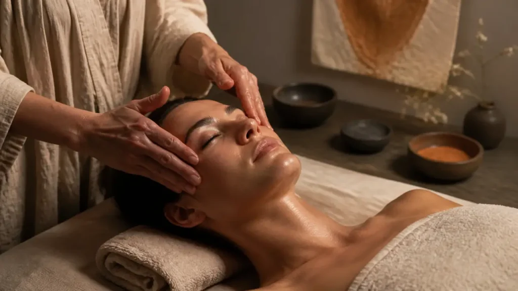 Soin du visage japonais Kobido : mains en drainage lifting naturel sur le visage