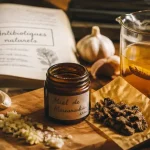 Antibiotique naturels : ail, miel et propolis sur table, tisane au curcuma