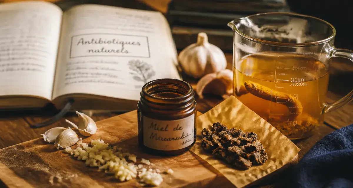 Antibiotique naturels : ail, miel et propolis sur table, tisane au curcuma