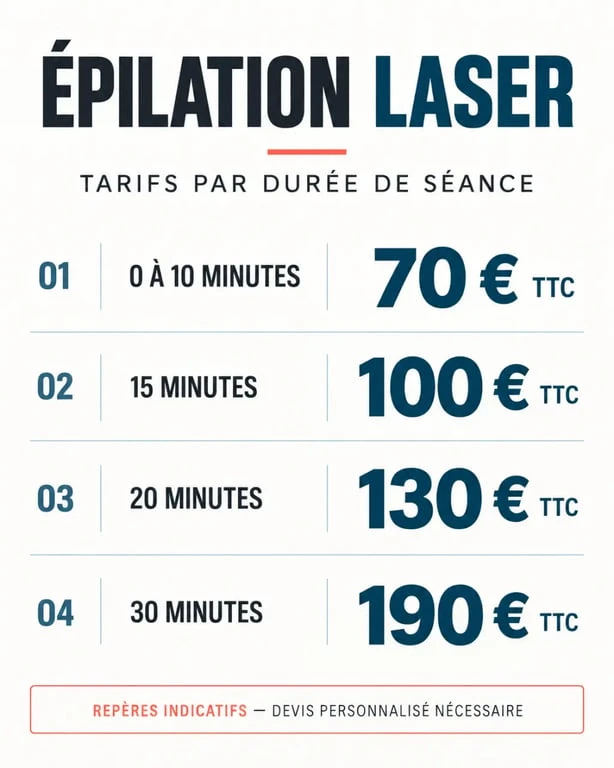 Infographie sur le tarif de l’épilation laser selon la durée de séance et le prix TTC