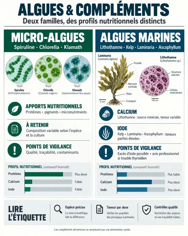 Infographie sur les algues compléments alimentaires et leurs usages, de la spiruline aux algues iodées