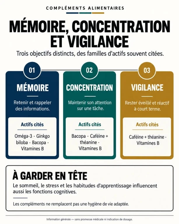 Infographie sur le complément alimentaire mémoire, la concentration et la vigilance