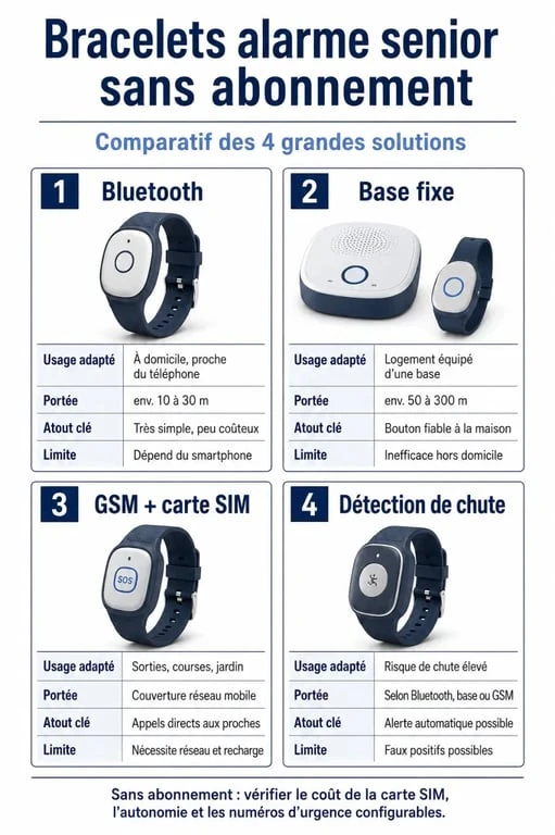 Bracelet alarme personne âgée sans abonnement : comparatif des modèles Bluetooth, base fixe, GSM et détection de chute