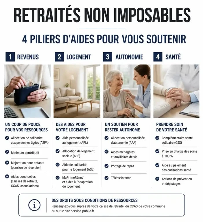 Infographie des aides pour les retraités non imposables : revenus, logement et autonomie.