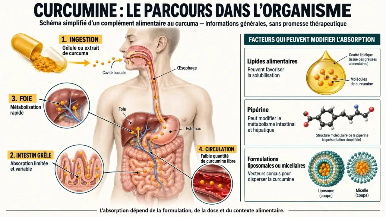 Infographie sur l'absorption de la curcumine dans un complément alimentaire au curcuma