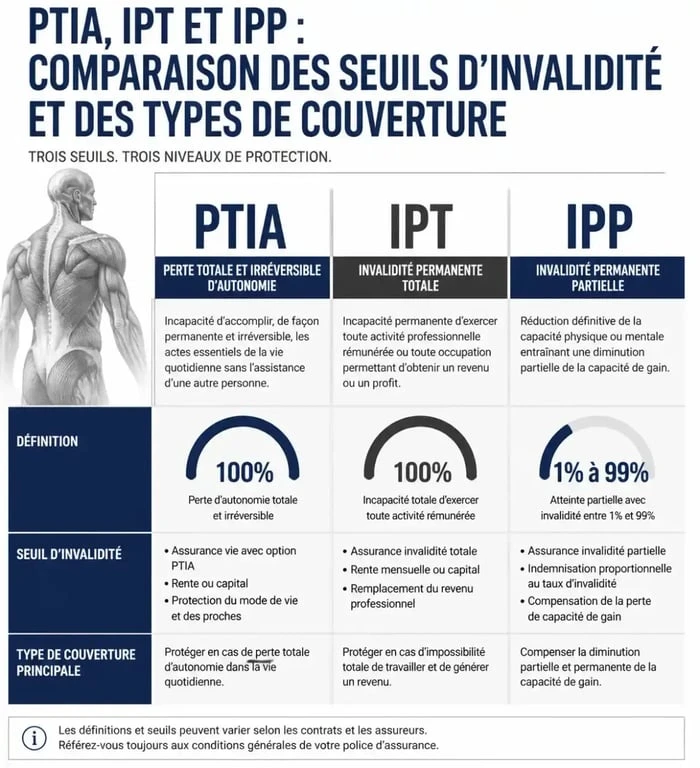 Comparatif des garanties d'assurance PTIA, IPT et IPP pour la perte totale et irréversible d'autonomie