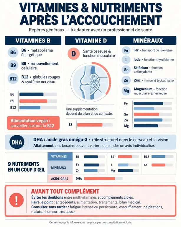 Infographie sur les vitamines post-partum, les nutriments à surveiller et les précautions avec ou sans allaitement