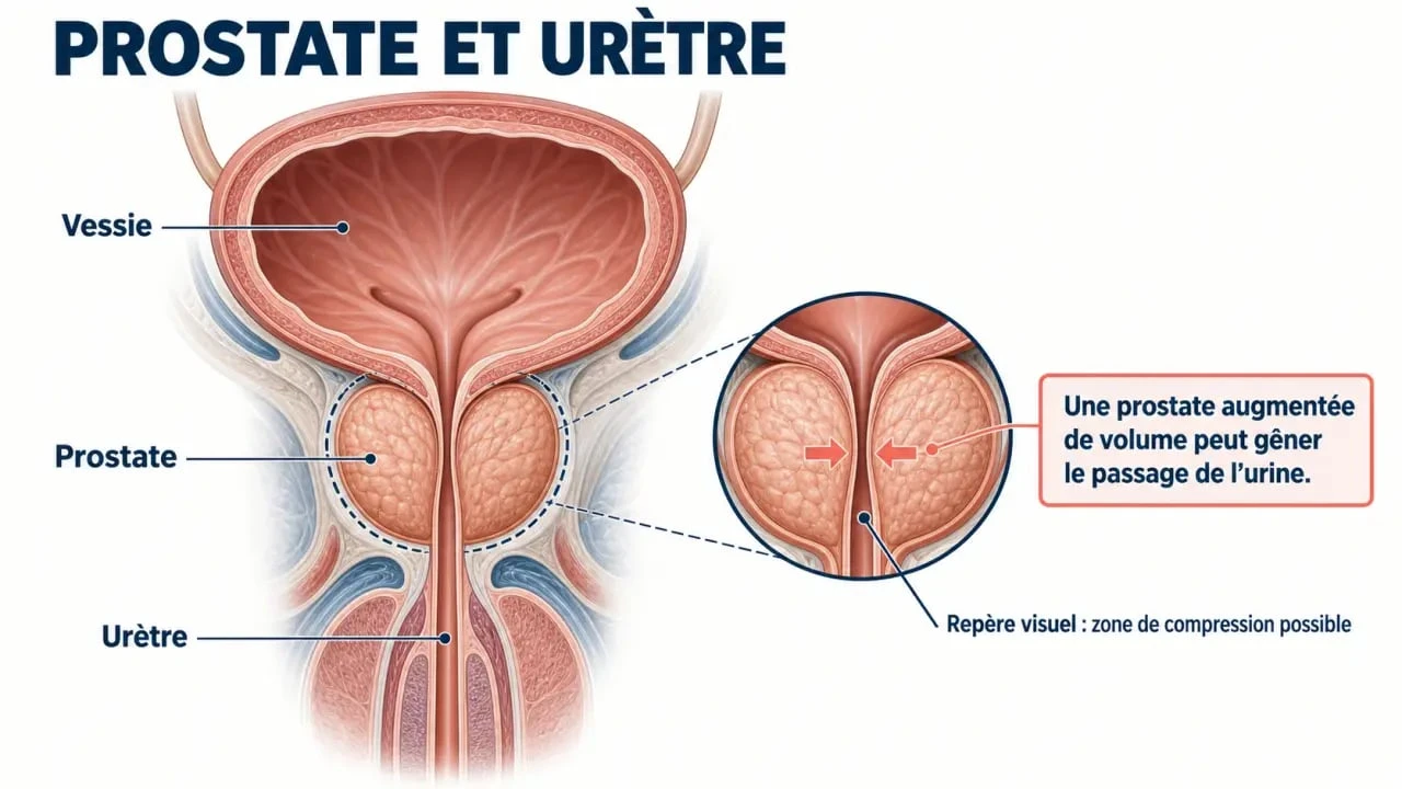 Schéma de la prostate et du confort urinaire pour comprendre le lien avec les compléments alimentaires prostate