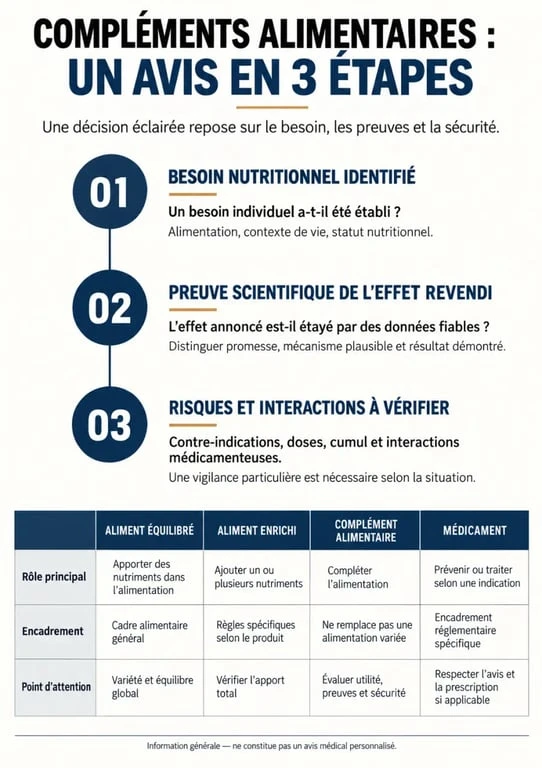 Avis compléments alimentaires : comparaison entre aliment, complément et médicament et vérification des preuves et des risques