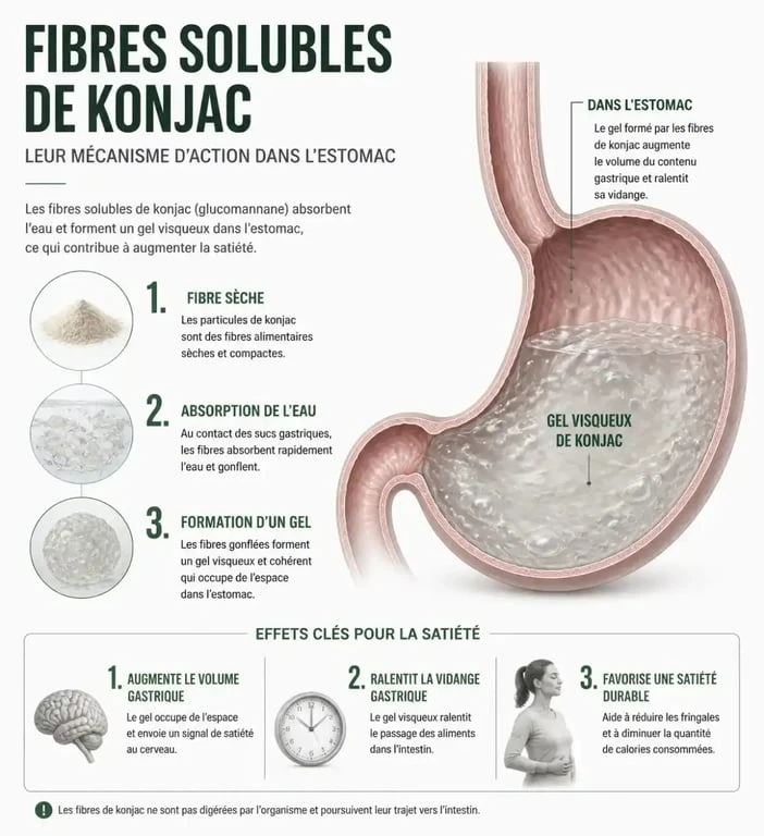 Schéma explicatif du mécanisme d'action des fibres de konjac comme complément alimentaire coupe-faim