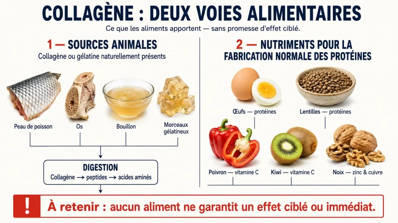 Infographie sur l'aliment collagène et les nutriments utiles à sa synthèse